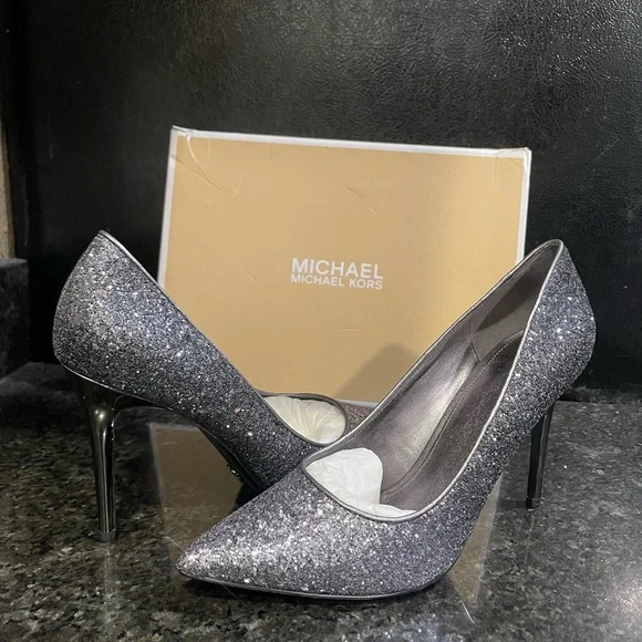 Michael Kors Sparkling Silver Claire Gunmetal Heels Pumps - Picture 1 of 8